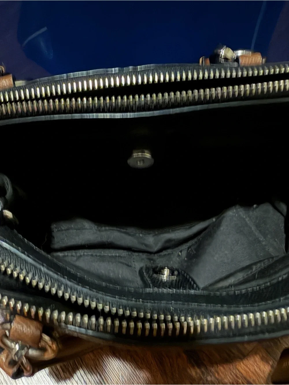 Coach Black Leather Satchel with Brown Handles and Cream Piping